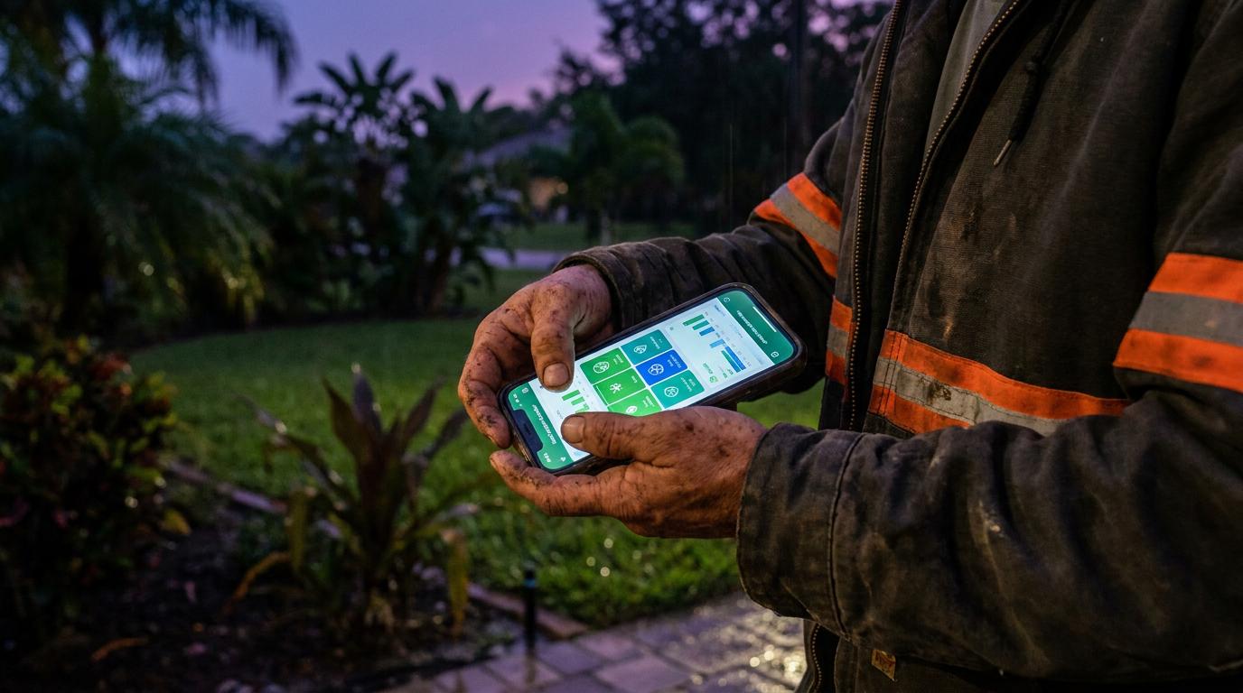 A landscaper uses a smartphone for AI irrigation scheduling for Florida's rainy season, with a healthy, wet lawn in the background.