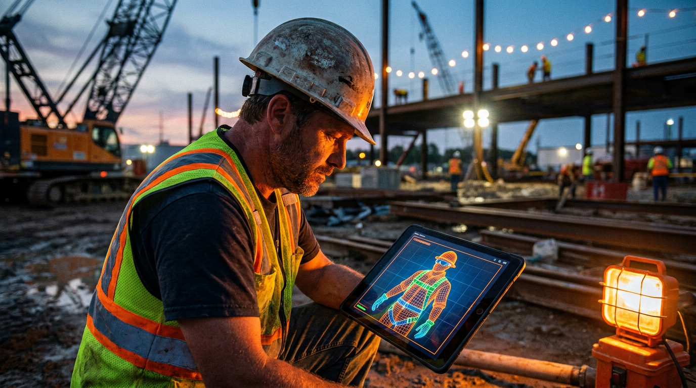 A construction safety manager uses a tablet with AI for jobsite safety monitoring to review worker PPE compliance at dusk.