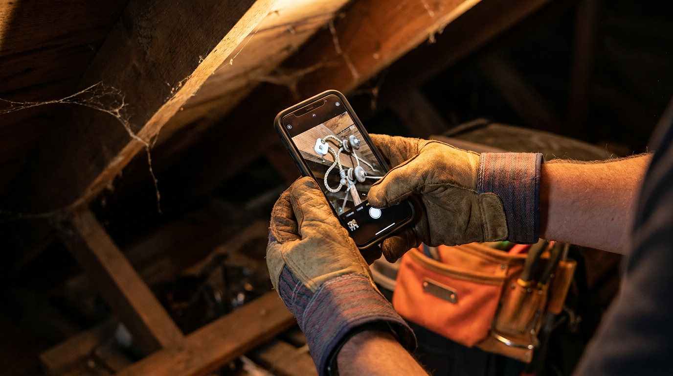 An electrician using a smartphone for AI-powered knob and tube wiring assessment in a historic Boston home.