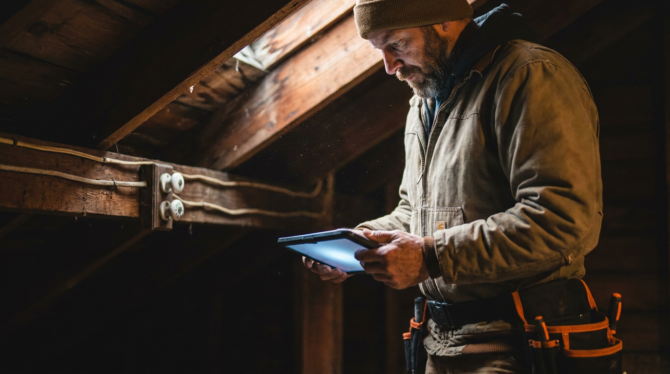 An electrician uses a tablet with an AI for knob and tube wiring assessment in the attic of an old New England home.