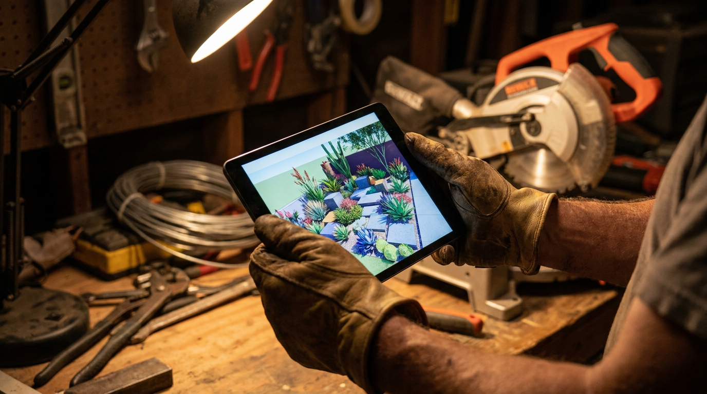 A landscape contractor reviews a water-wise plan on a tablet, demonstrating the use of AI landscape design software for arid climates.