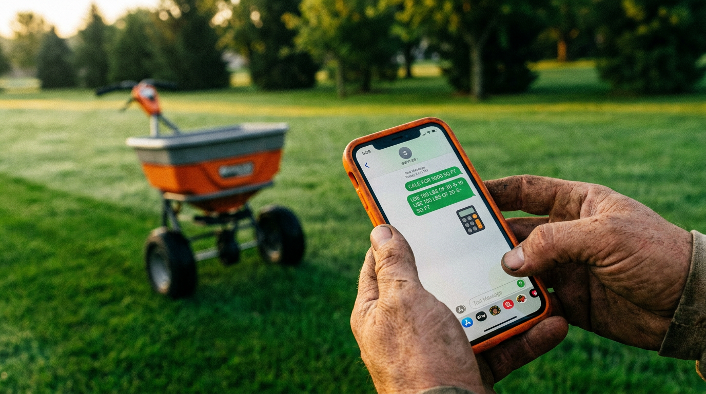 A professional landscaper using a smartphone for AI lawn care material calculation, with a fertilizer spreader in the background.