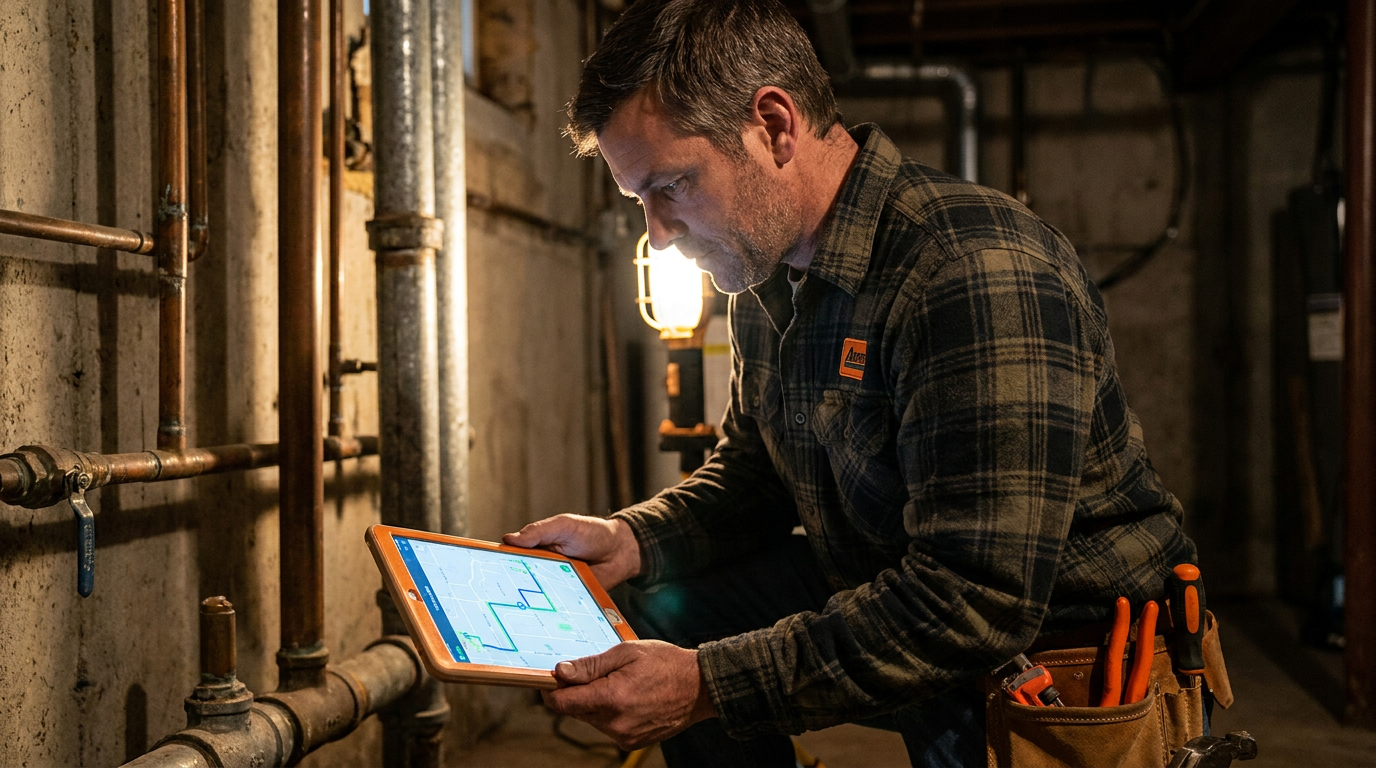 A plumber uses a tablet for AI lead pipe identification in the basement of an older Midwest home.