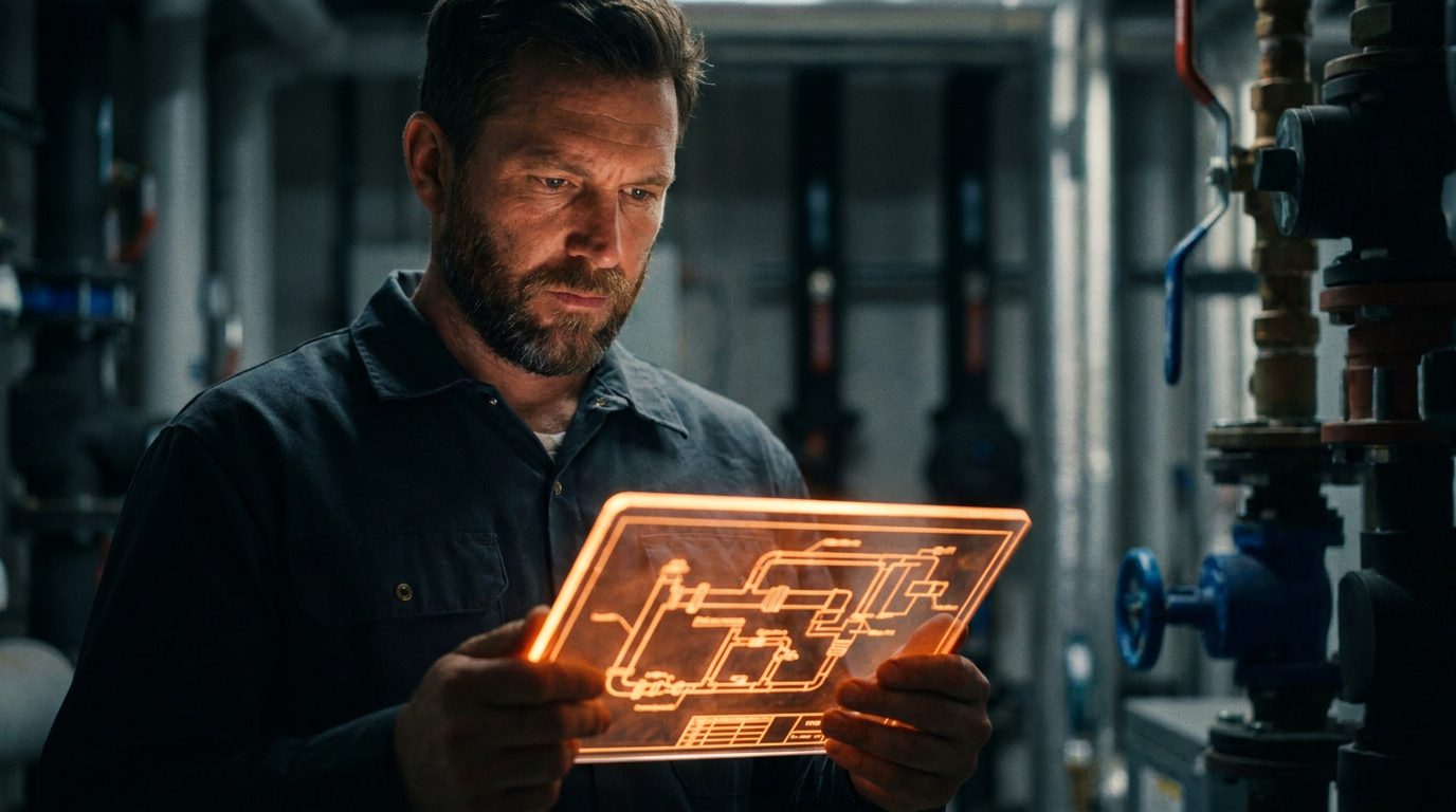 A professional plumber reviews data on a tablet for an AI leak detection system in a Miami high-rise condo.