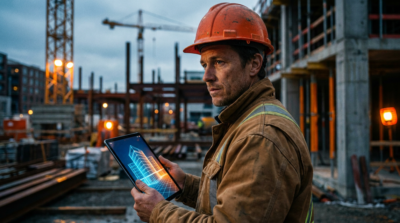 A construction manager using a tablet to implement AI for lean construction waste reduction on a jobsite.