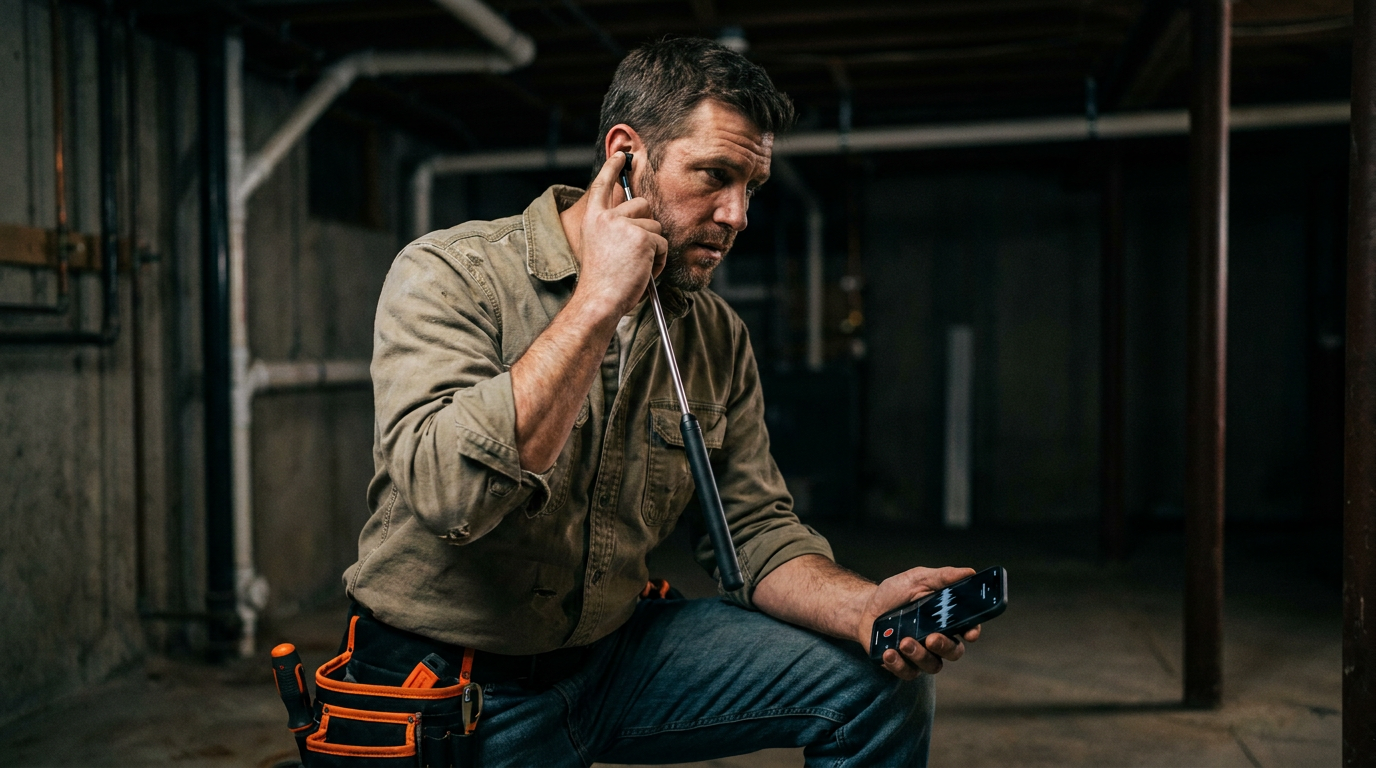 A professional plumber compares using a smartphone app to a professional acoustic tool, considering if AI can listen for leaks with a smartphone microphone.