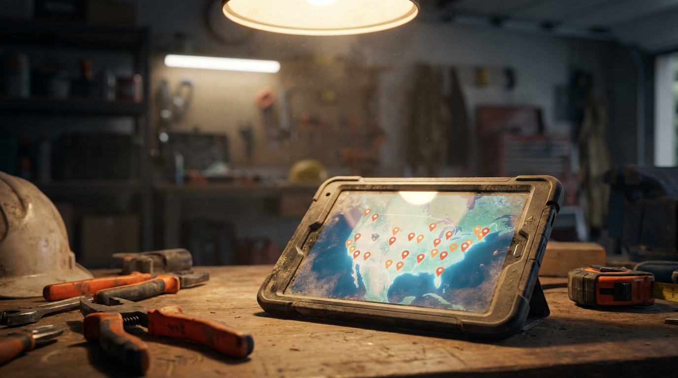 A contractor's tablet displaying a local map, illustrating the use of AI for local SEO for contractors to get found.