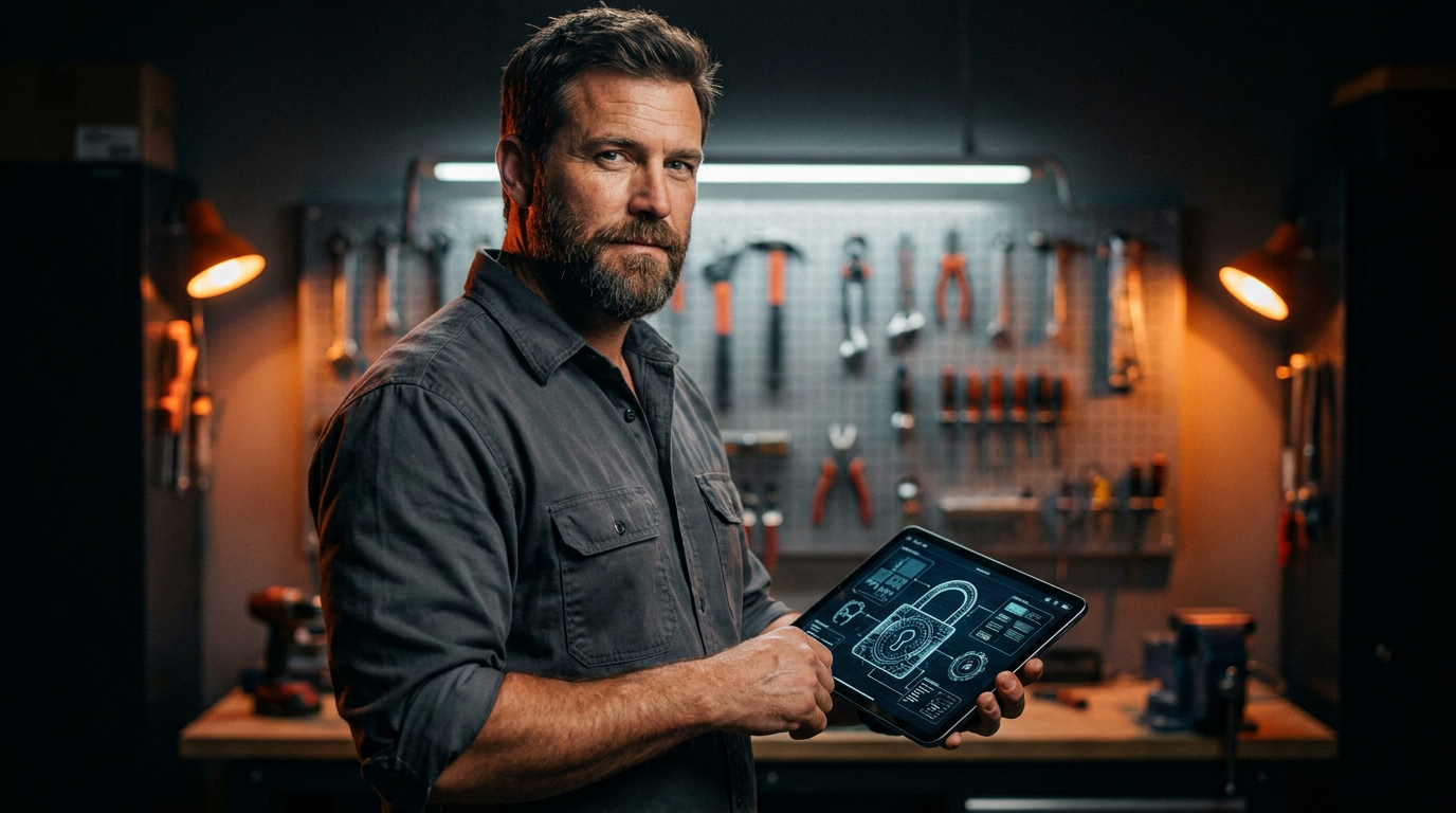 A modern locksmith uses a tablet to analyze a smart lock, demonstrating the use of AI for locksmiths in a workshop setting.