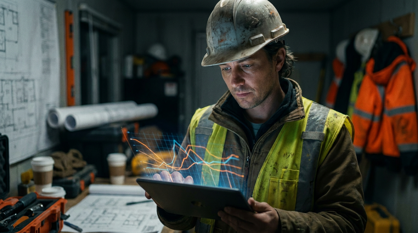 A project manager on a construction site using a tablet with an AI interface to manage construction RFI and submittal logs.