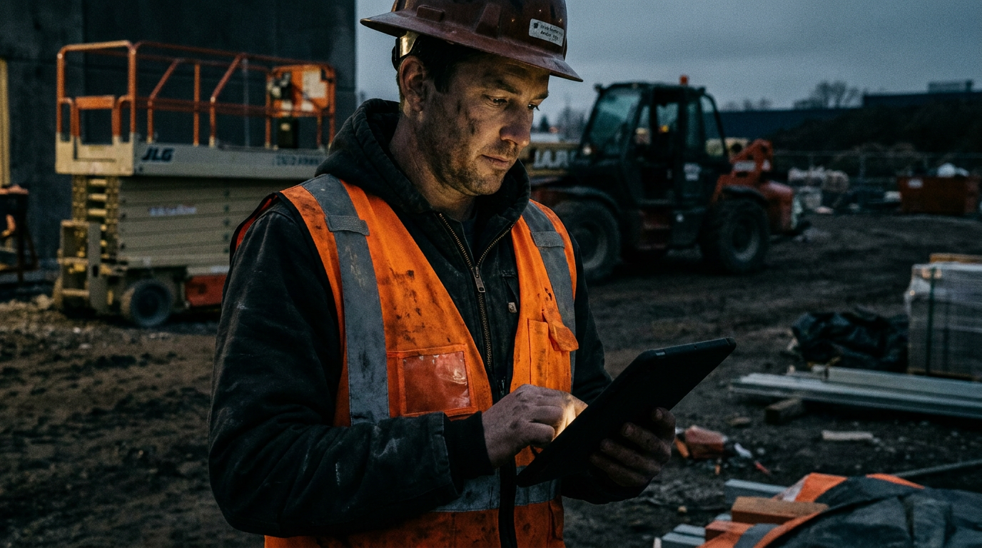 A contractor uses a tablet with AI for managing tool and equipment rentals on a jobsite at dusk.