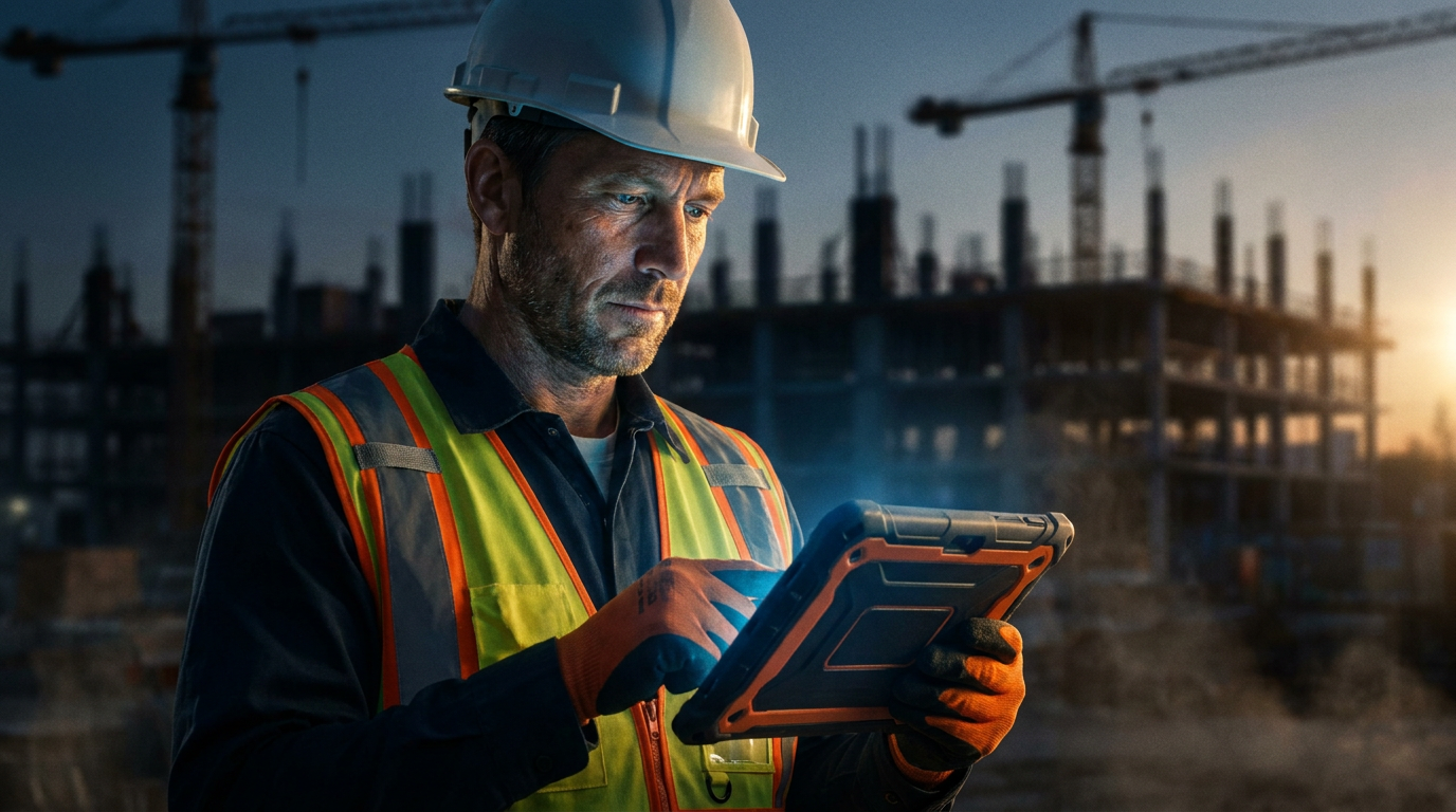 A construction manager uses a tablet with AI for managing trade safety certifications on a job site.