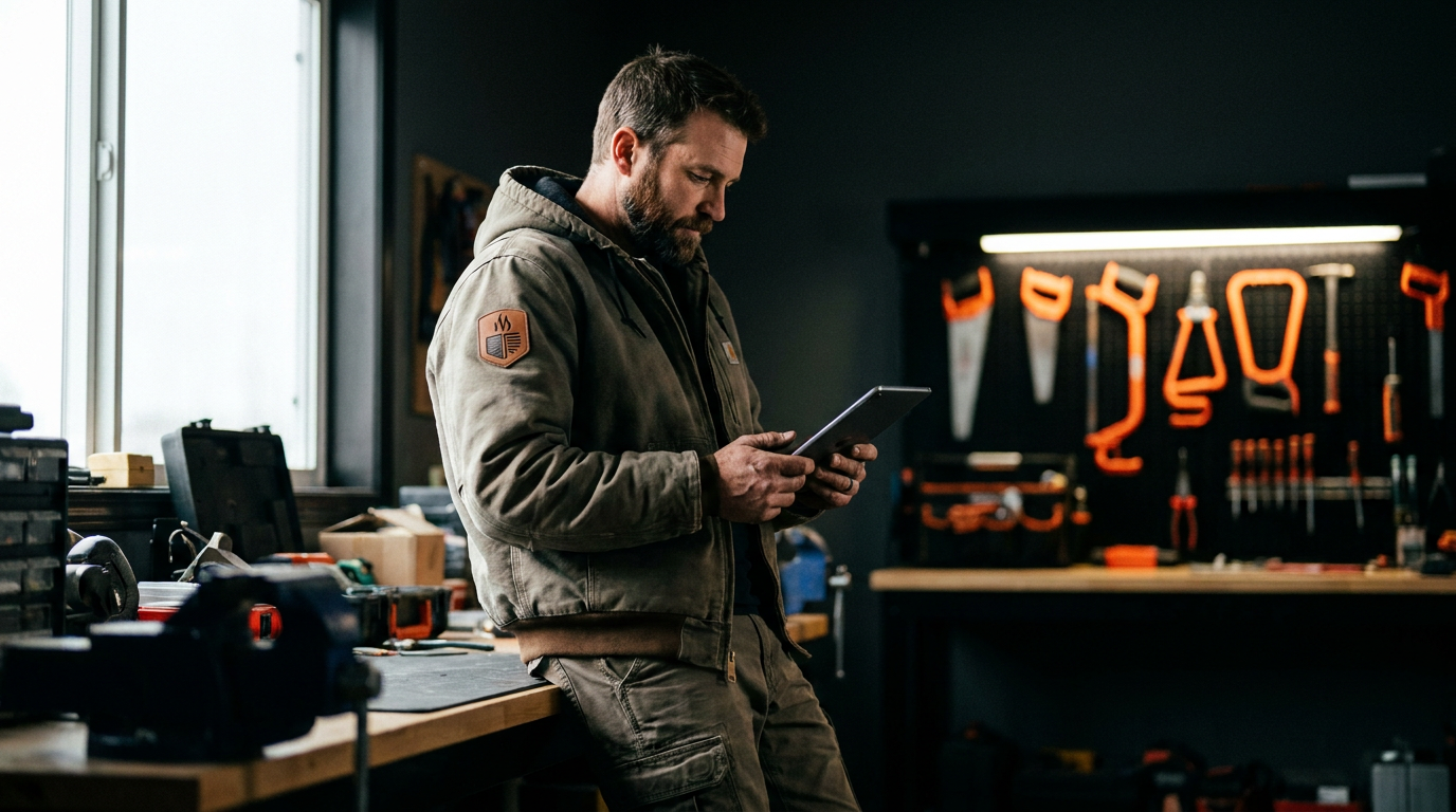 An HVAC technician in Florida uses a tablet for AI marketing to book more jobs.