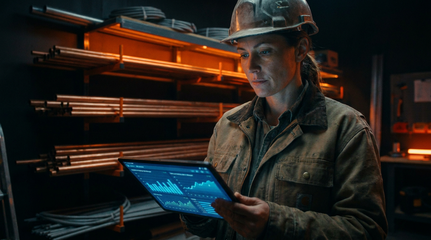 A trade professional using a tablet to manage AI for material procurement on a job site, optimizing their supply chain.