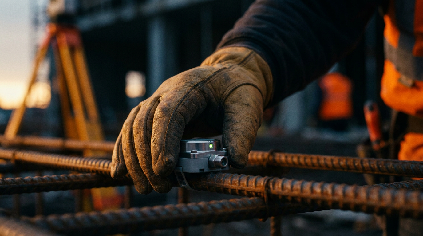 A construction worker installs a smart sensor to let AI monitor concrete curing temperature on a jobsite.