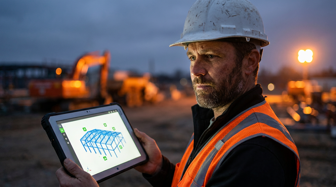 A construction manager reviews a tablet showing data from an AI that can monitor structural integrity during construction.