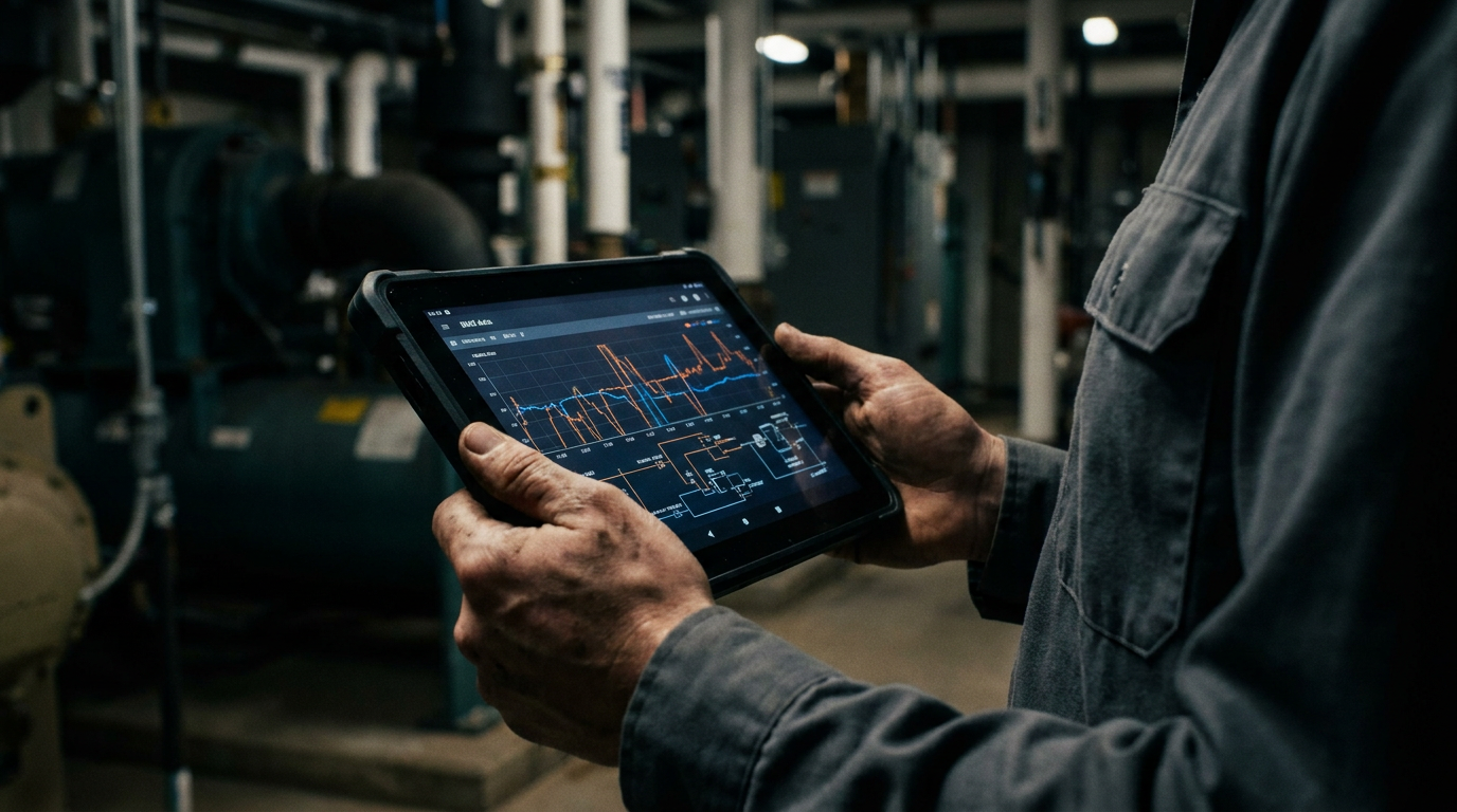 A technician analyzes data on a tablet to see how AI can optimize a commercial building's BMS for energy savings.