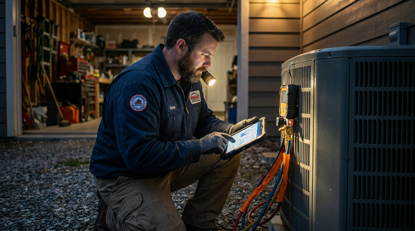 An HVAC technician uses a tablet showing data visualizations while checking a condenser unit, demonstrating how AI can optimize HVAC refrigerant charging.
