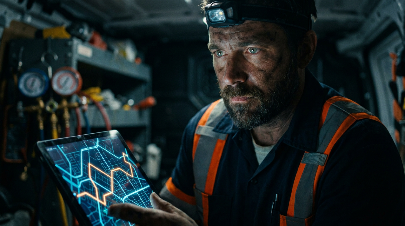 An HVAC technician studies a tablet displaying how AI can optimize HVAC service routes inside his work van.