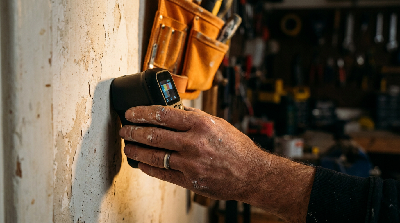 A professional painter using an AI paint color matching app device to scan a wall for a perfect color match.