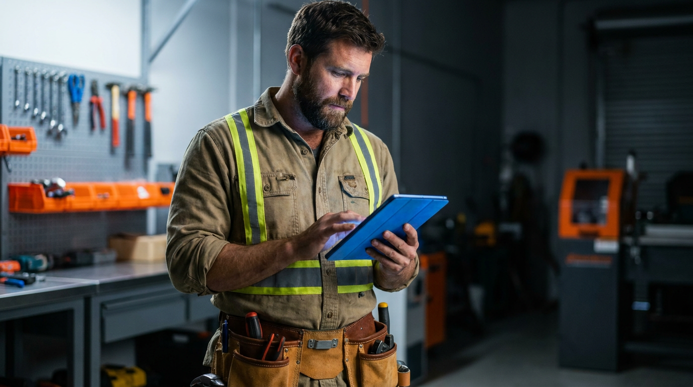 An electrician uses a tablet, representing AI permit application assistants for electricians in California, to manage his work.
