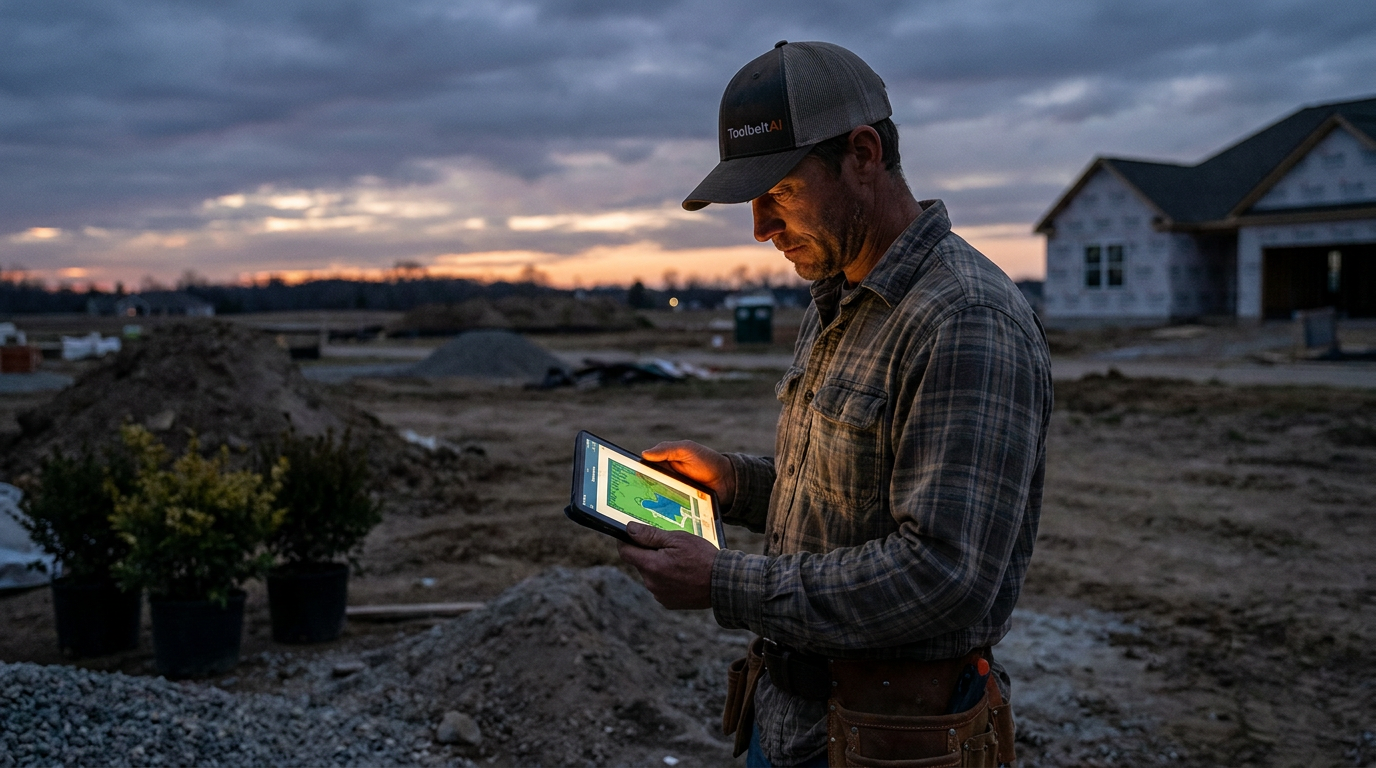 A landscape contractor uses a tablet with AI for phased landscape project planning on a large residential job site.