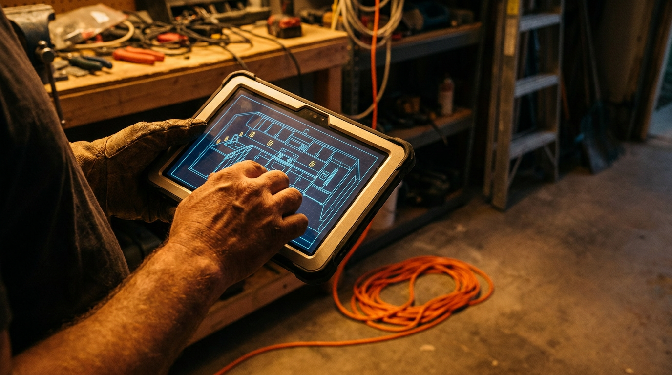 An electrician's hands holding a tablet, using AI to help plan the electrical layout for a kitchen remodel.