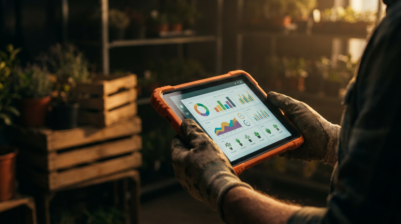 A landscaper reviews an AI-generated planting schedule for their local climate on a rugged tablet, demonstrating modern landscaping technology.