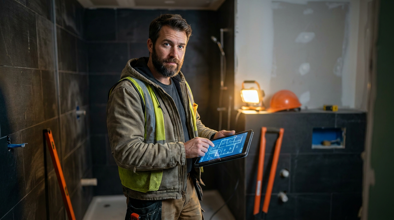A professional plumber using a tablet with an AI assistant to help with plumbing code compliance on a jobsite.