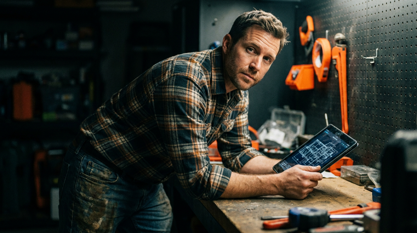 A plumber considers using a tablet to see if AI can help him comply with local plumbing codes.