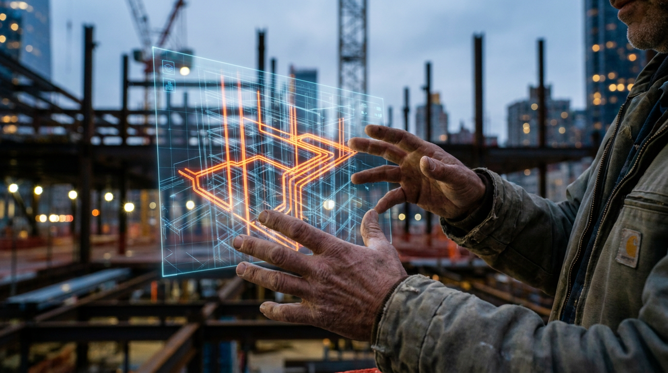 A plumber's hands analyzing a holographic model, demonstrating the use of AI plumbing design tools for NYC high-rises.