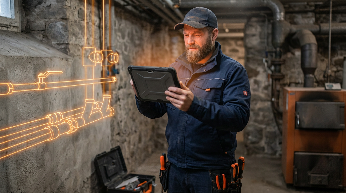A plumber using a tablet with advanced AI plumbing diagnostic tools to visualize a pipe system behind a concrete wall.