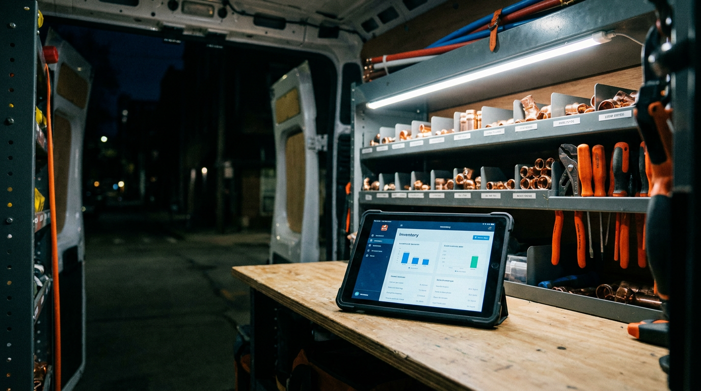 A plumber's work van with organized shelves, showing how AI for plumbing business inventory management works on a tablet.