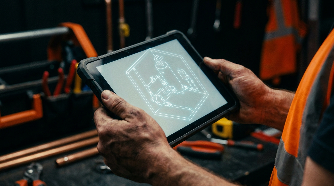 A plumber reviewing an AI-generated plumbing isometric drawing on a tablet in a workshop.