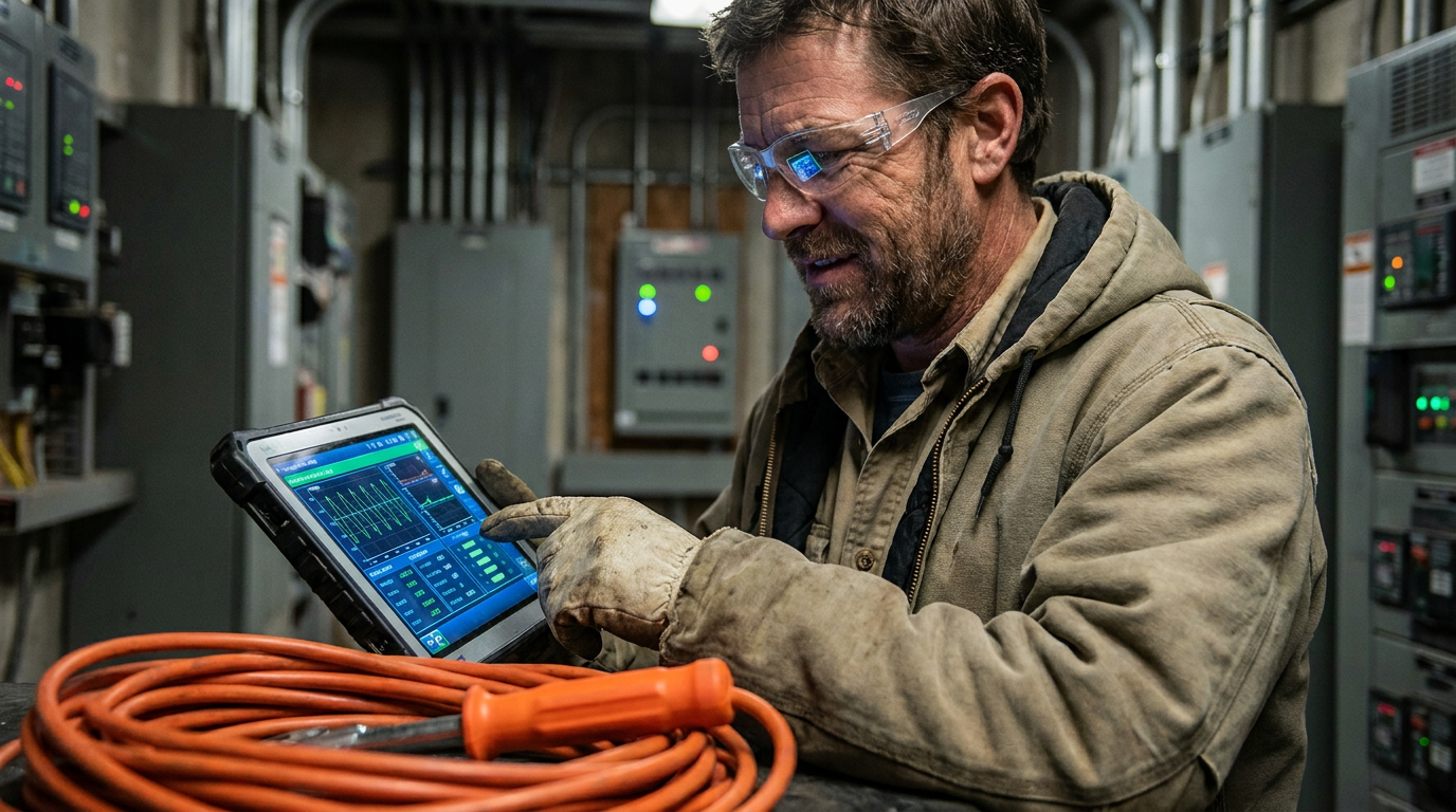 An electrician using a tablet with AI for power quality analysis troubleshooting in an industrial setting.