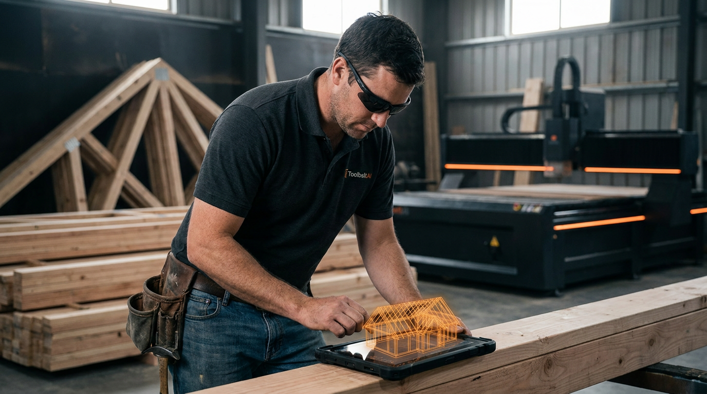 A roofer uses a tablet to review a design created with AI for pre-fabrication in roofing, with finished trusses in the background.