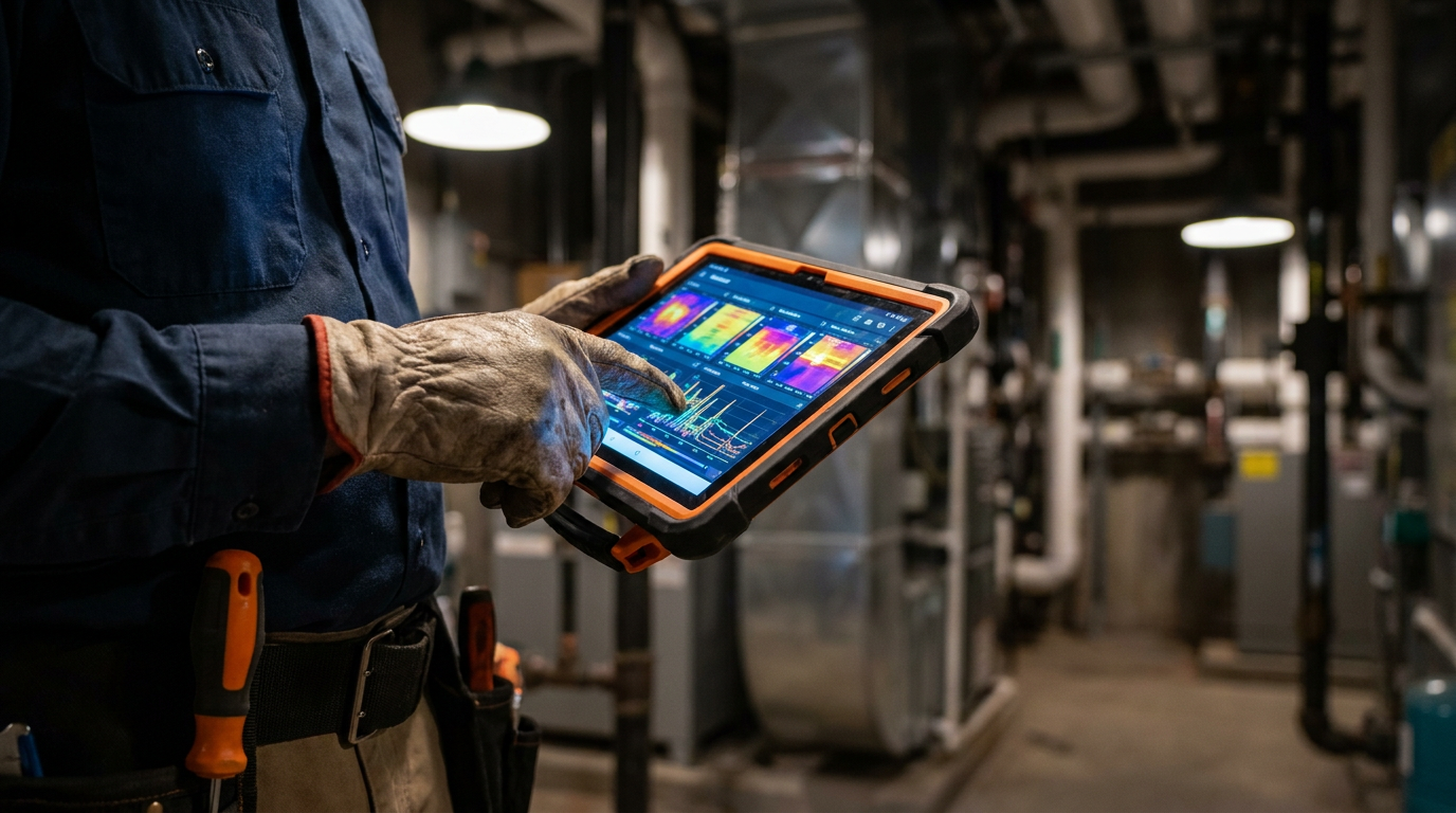 A technician uses a tablet with AI software to predict HVAC equipment failure in a mechanical room.