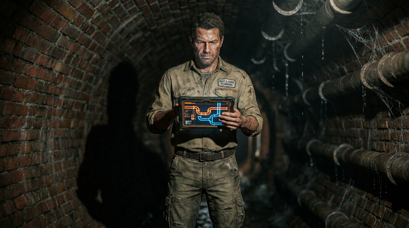 A plumber using a tablet with AI for predicting sewer backups in Northeast cities inside an old brick pipe.