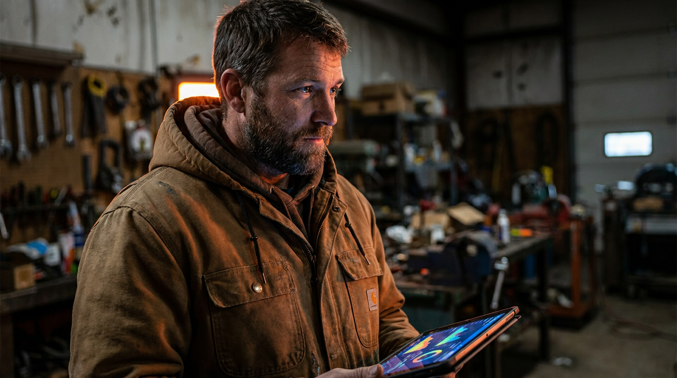 A contractor performing AI for trade business profit margin analysis on a tablet in his workshop.