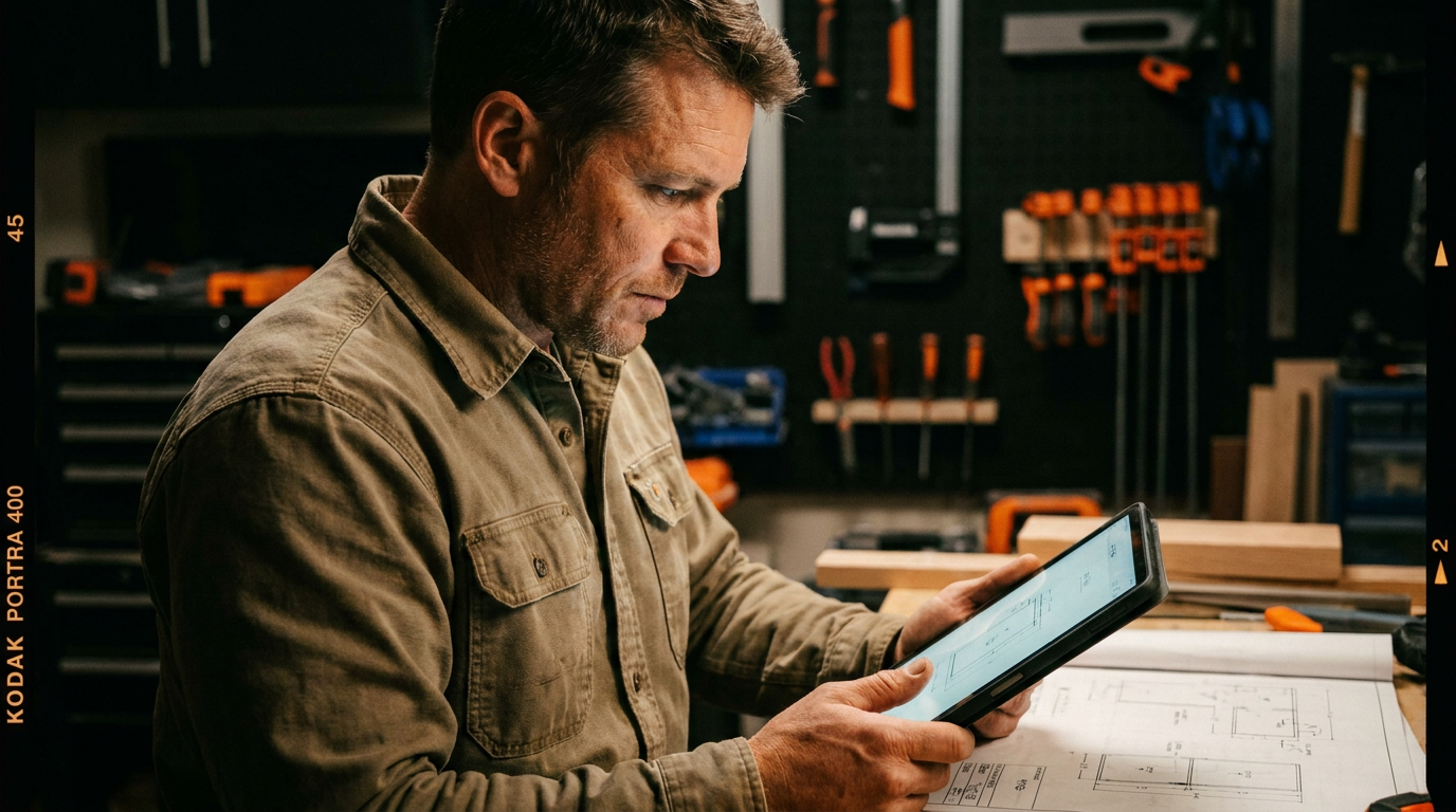 A contractor using a tablet, demonstrating the concept of AI prompt engineering for contractors in a modern workshop setting.