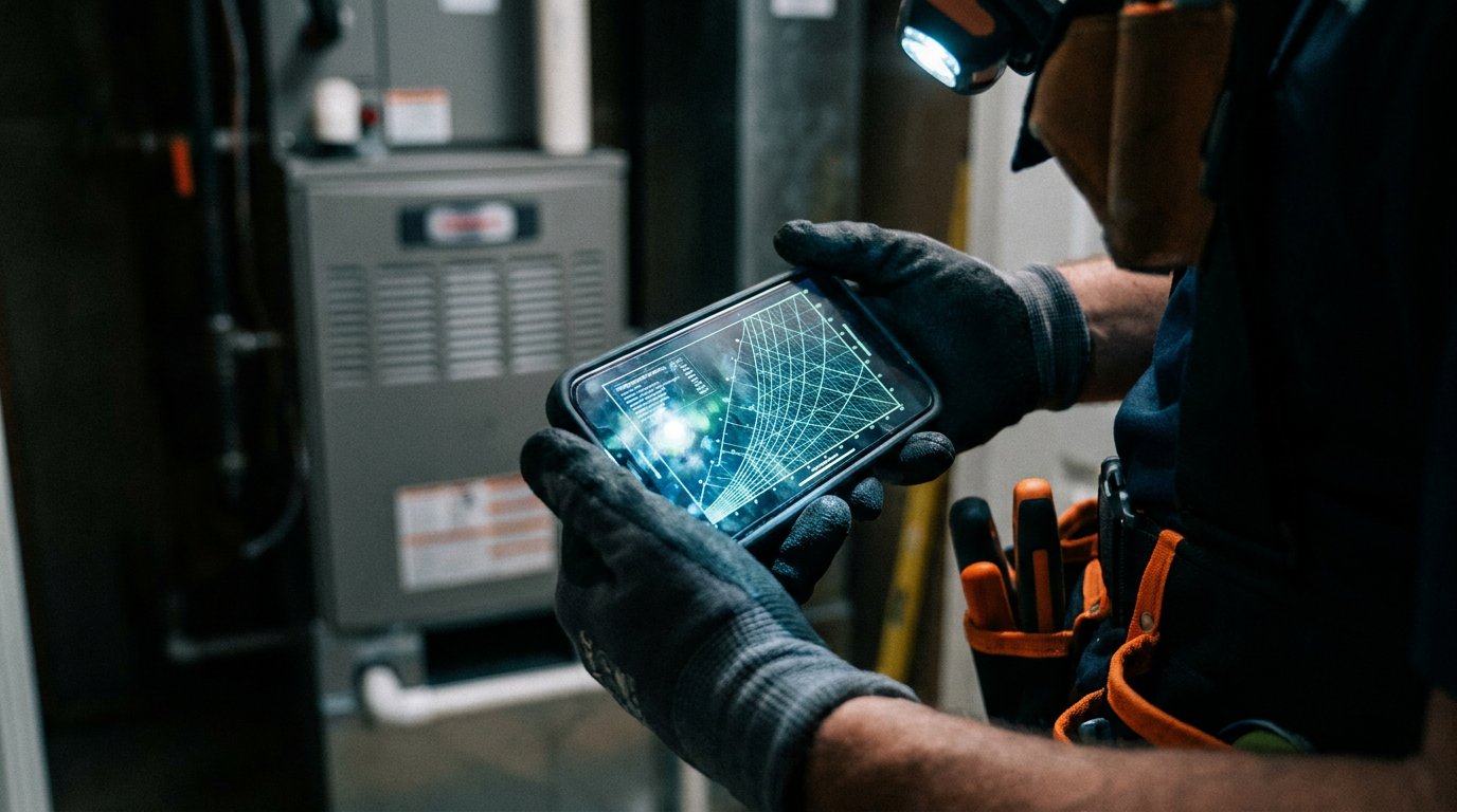 An HVAC tech uses a smartphone with an AI that can interpret a psychrometric chart to diagnose an air conditioning system.