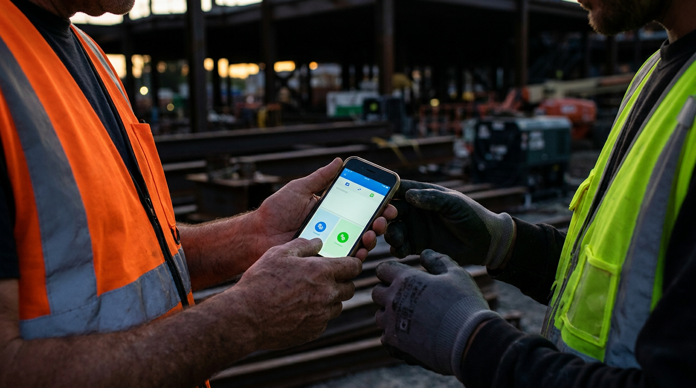 A construction foreman uses a smartphone app for AI for real-time jobsite language translation to communicate with a crew member.