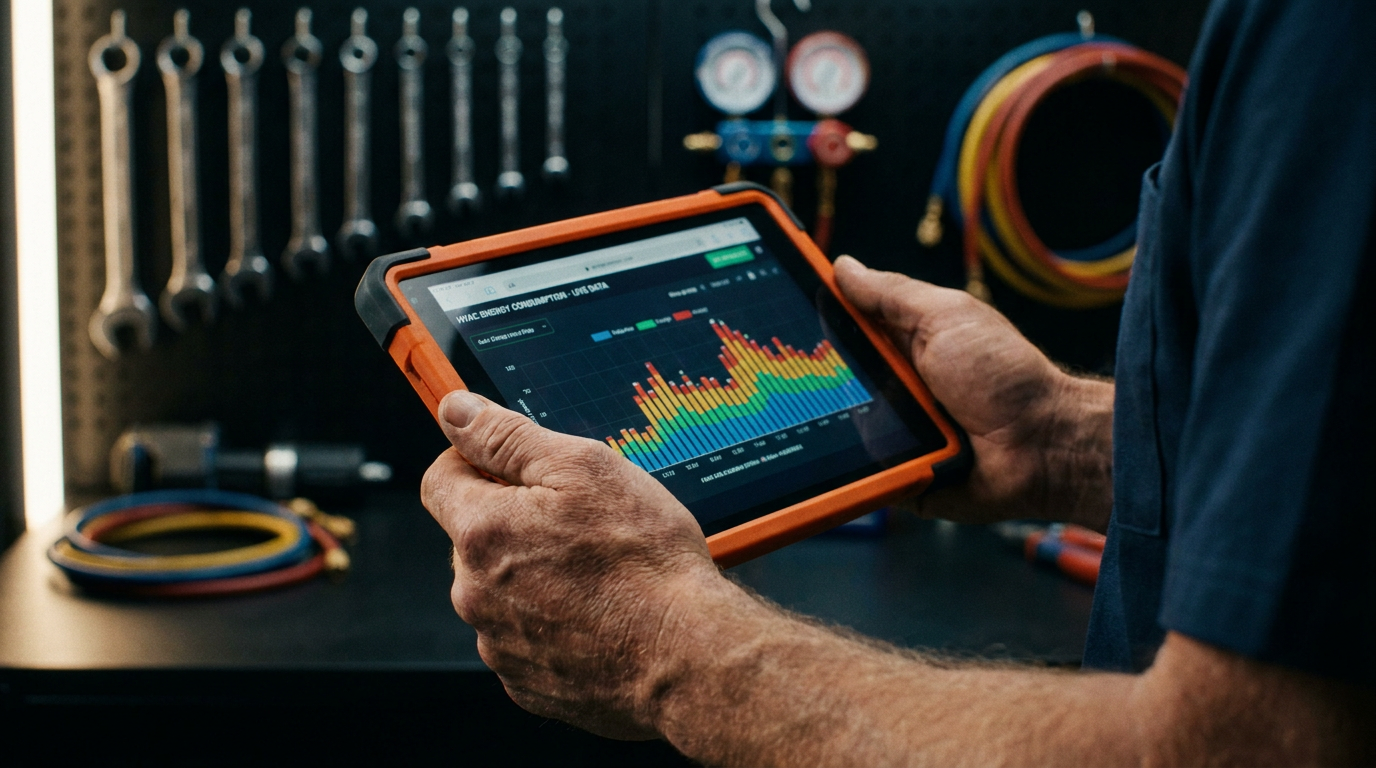 An HVAC technician analyzes a tablet showing how an AI can recommend a heat pump based on energy data.