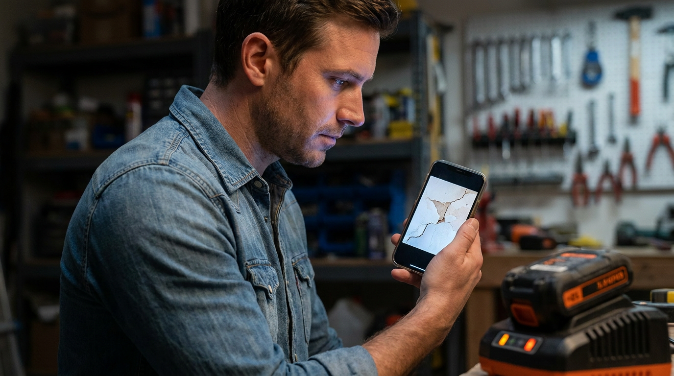 A painter using a smartphone where an AI can recommend paint prep from a photo of a damaged wall.