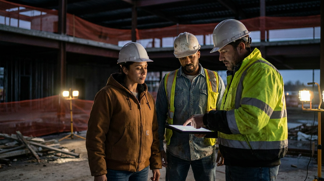 A team of trade professionals using a tablet on a jobsite, a visual representation of using AI to reduce trade business employee turnover.