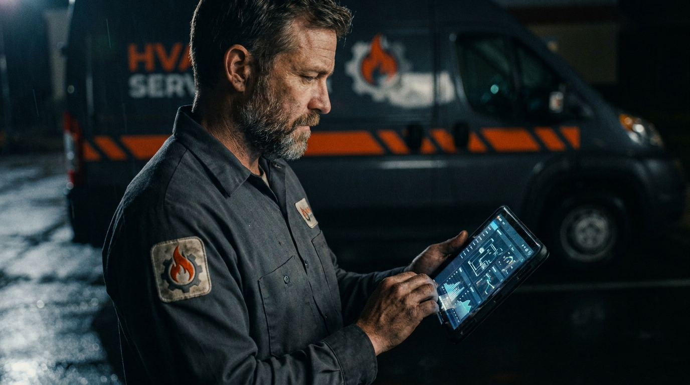 An HVAC technician using a tablet with AI software for refrigerant tracking and compliance, ensuring they meet EPA regulations.