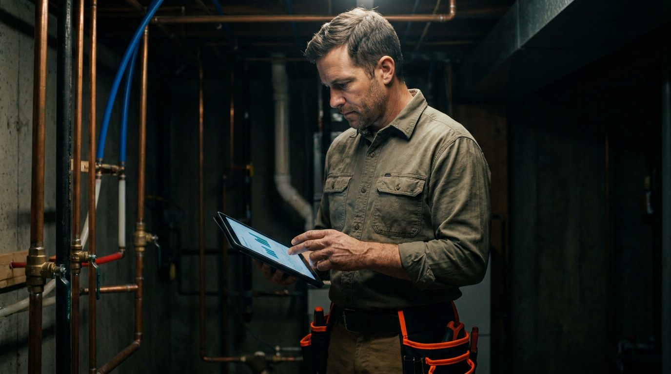 A plumber uses a tablet for AI-powered repiping cost estimation in a basement with exposed pipes.