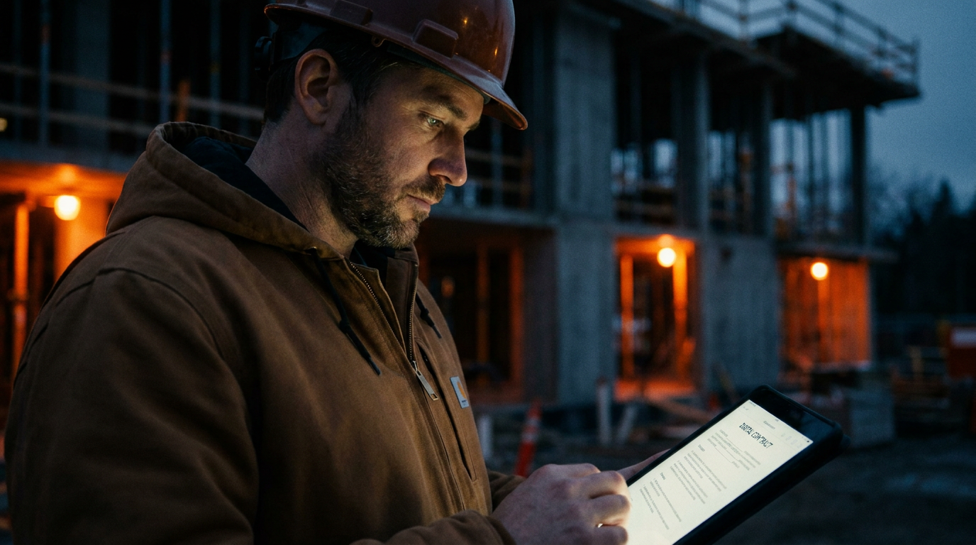A general contractor using a tablet to have an AI review a subcontractor agreement for red flags on a construction site.