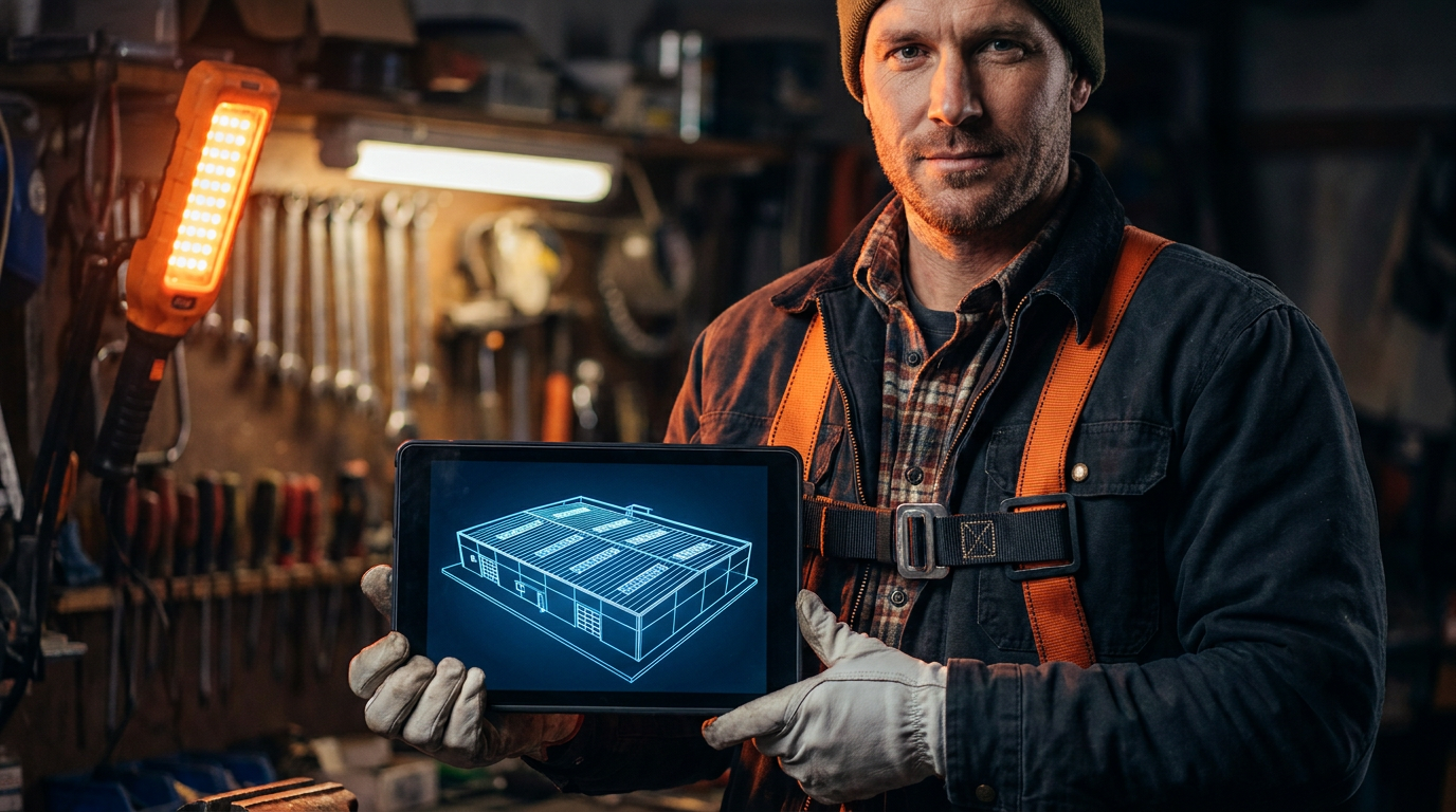 A roofer using a tablet for AI-powered roof asset management, viewing a 3D model of a commercial roof.