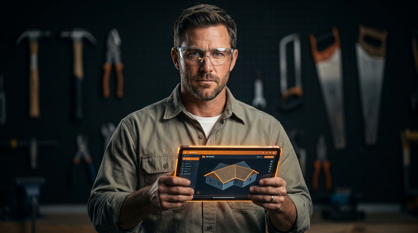 A California contractor reviews a report from an AI roof measurement software on a tablet.
