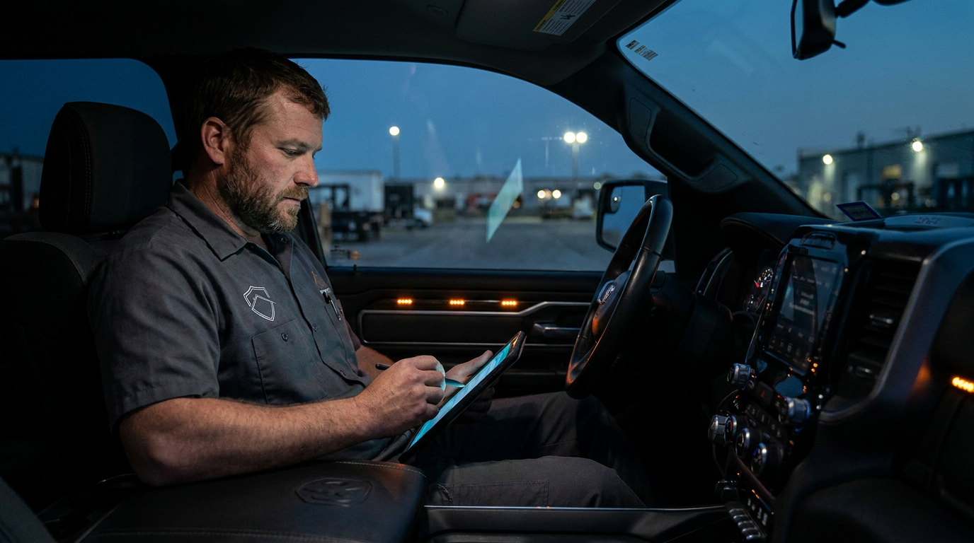 A roofing contractor uses a tablet in his truck, demonstrating the use of AI for roof warranty management.